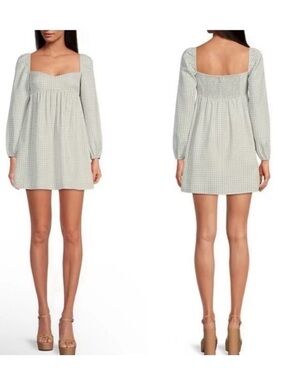 Gianni Bini Light Sage Gingham Babydoll Mini Dress